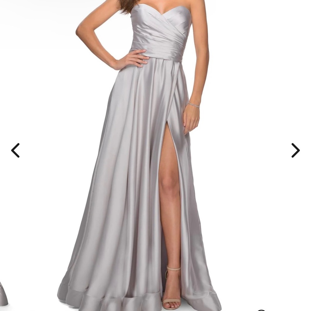 La Femme Strapless Slit Satin Ballgown